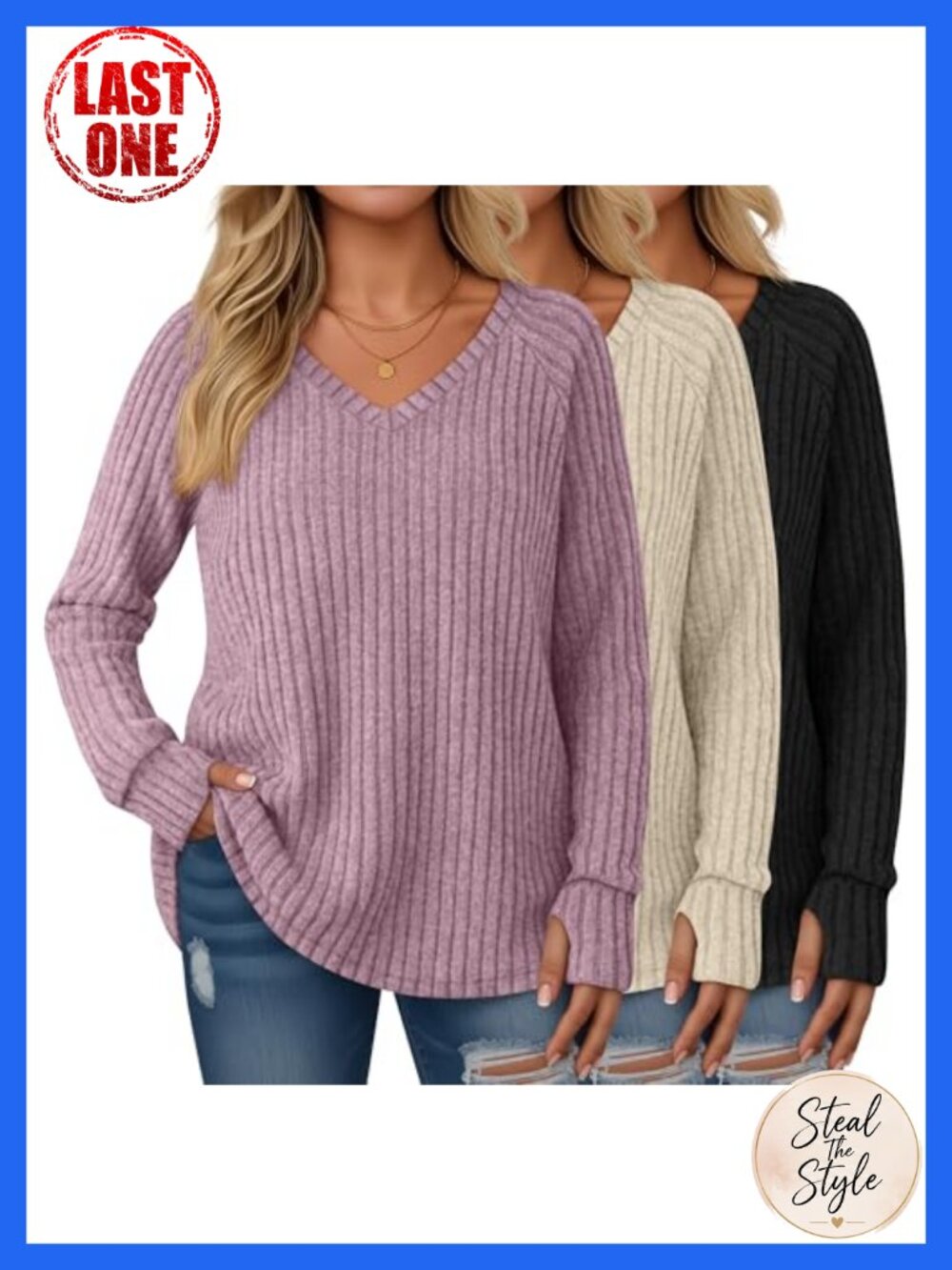 Women's Plus Size Tunic Sweater with Thumb Holes V-Neck Ribbed Knit